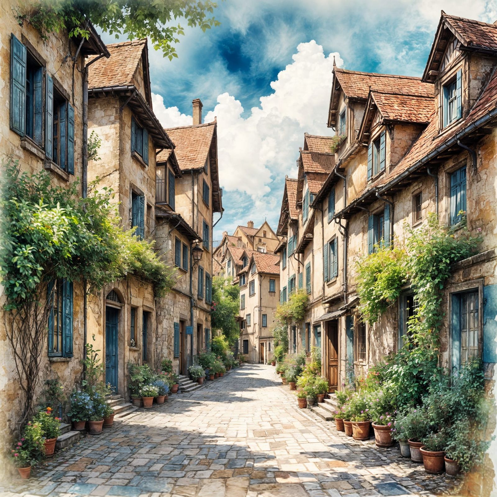 Vibrant European Alley in Watercolor Style