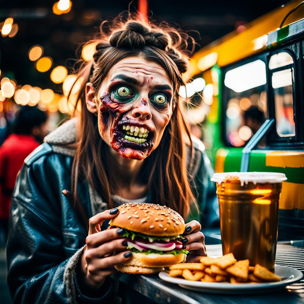 Zombie Woman Enjoying Brain Burger: Fine Art Photography