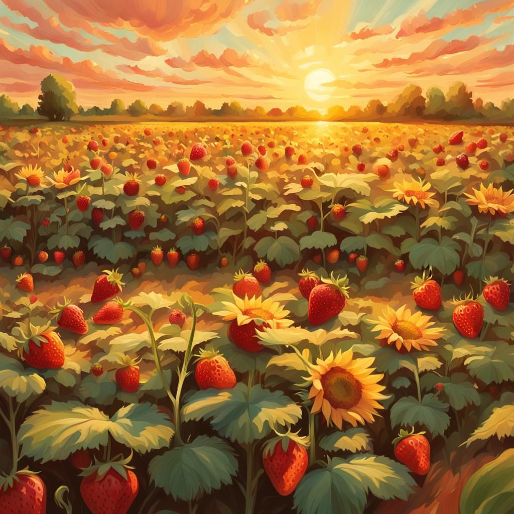 Impressionist Sunset in a Sunflower Field with Strawberries