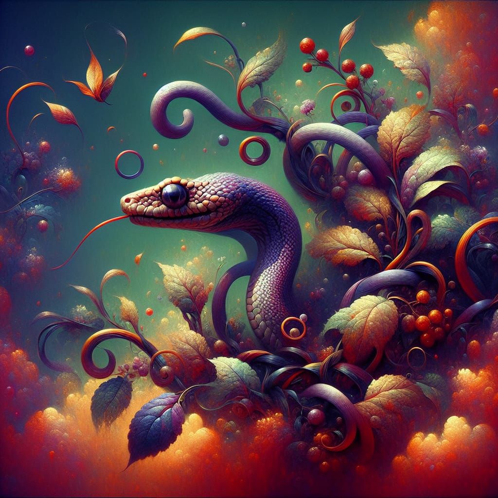 Adorable Wacky Snake in Fantastical Symbolist Painting