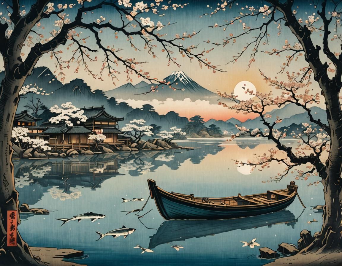 Fishing Boat on Serene Lake in Ukiyo-e Style