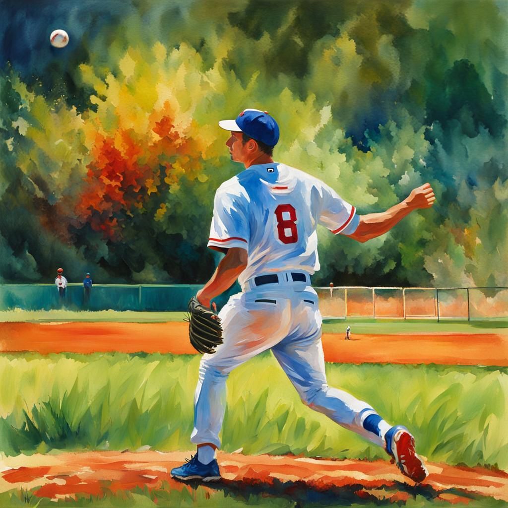 Baseball Outfielder Catches Ball as Gouache Painting