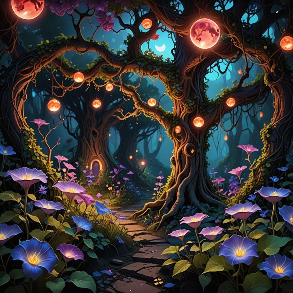 Dreamlike Blood Moon Illuminates Surreal Forest Landscape in...