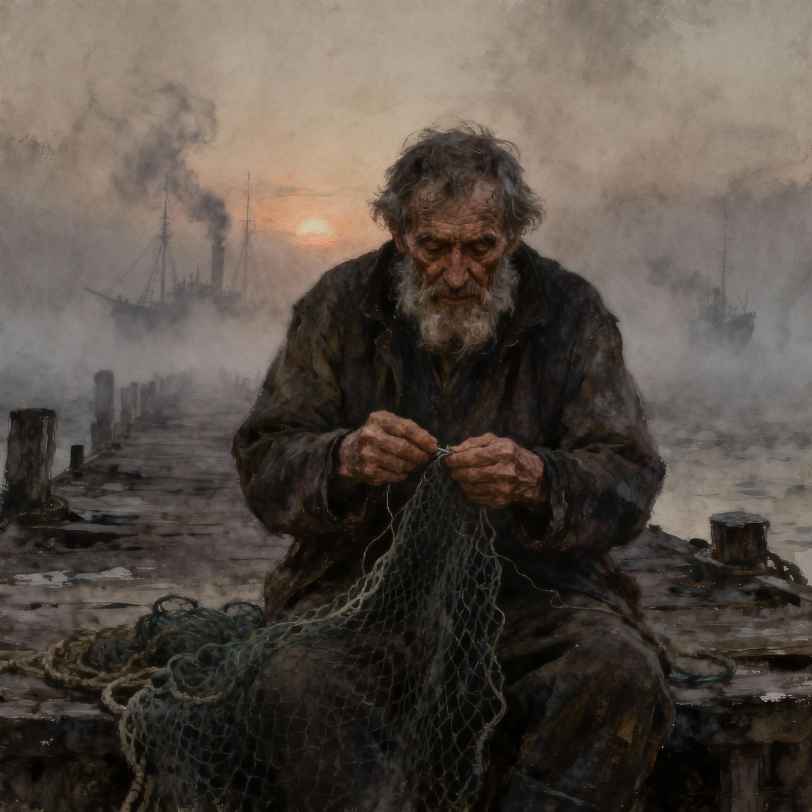 Old Fisherman Mending Nets on Foggy Pier at Sunrise