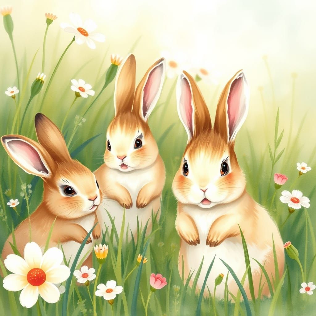 Whimsical Watercolor Rabbits in Lush Meadow