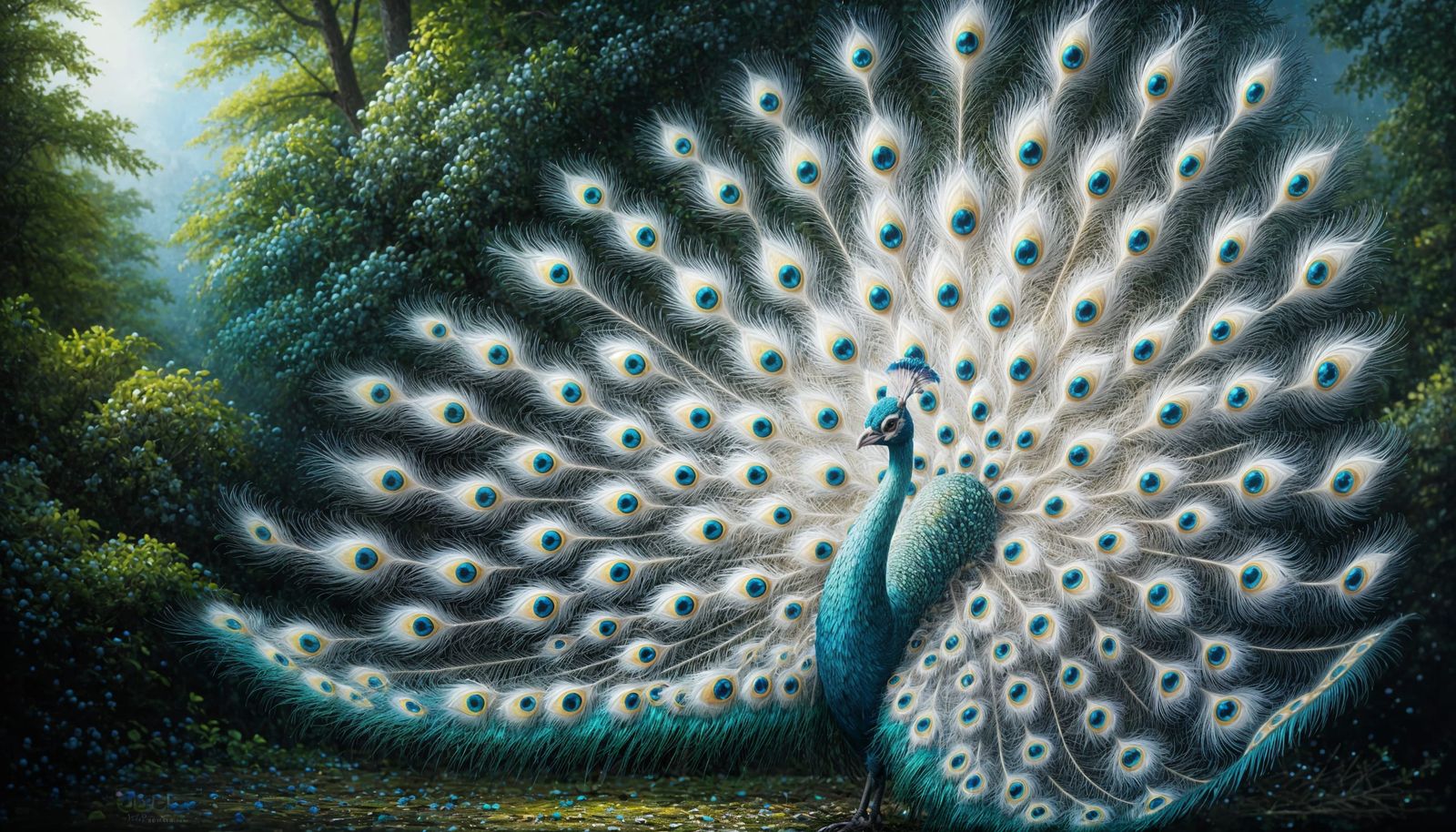 Opal Peacock with Iridescent Tail Feathers as Oil Painting