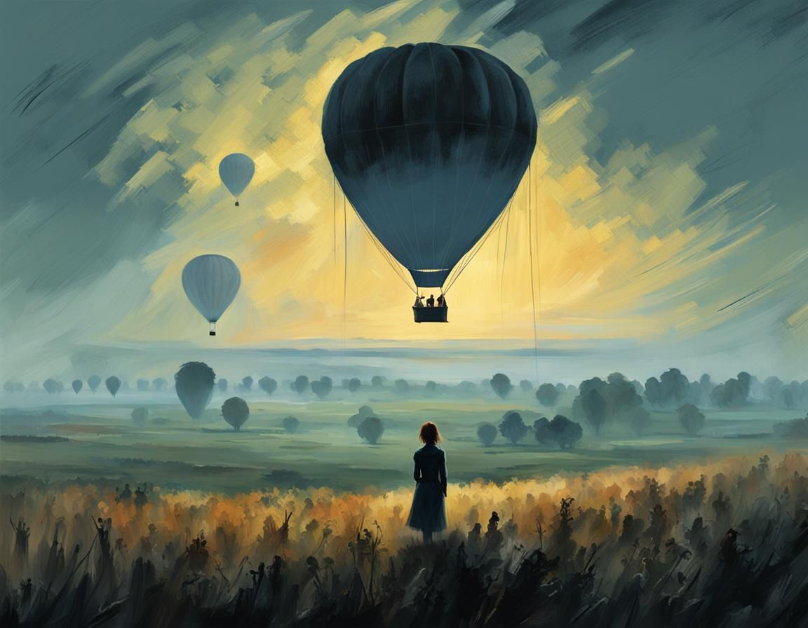 Girl Watching Balloon in Misty Field, Pointillism Style