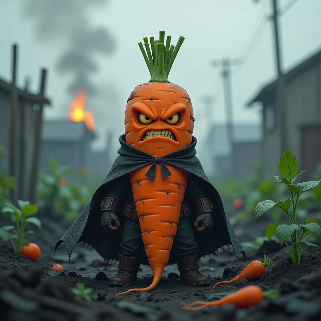 Post-Apocalyptic Carrot Superhero in Digital Art Style