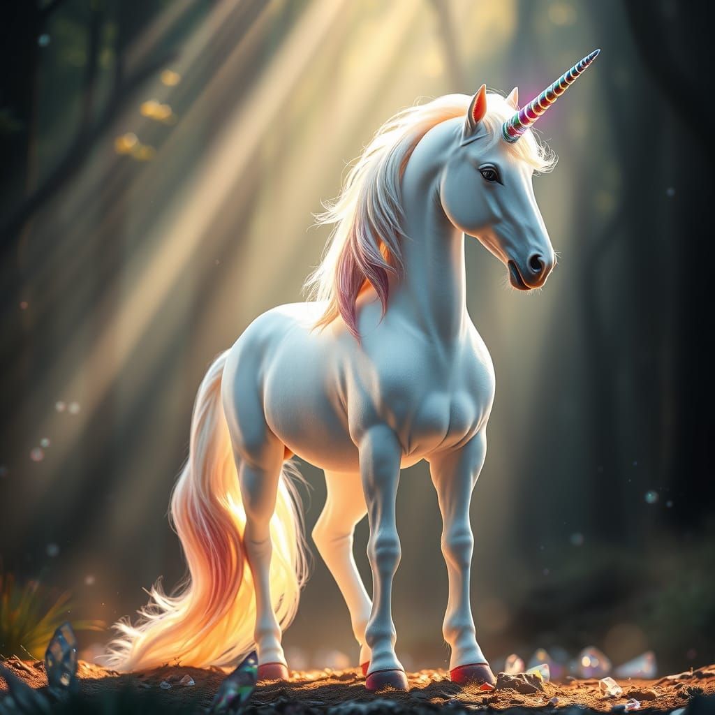 Majestic Unicorn with Rainbow Mane in Magical Forest