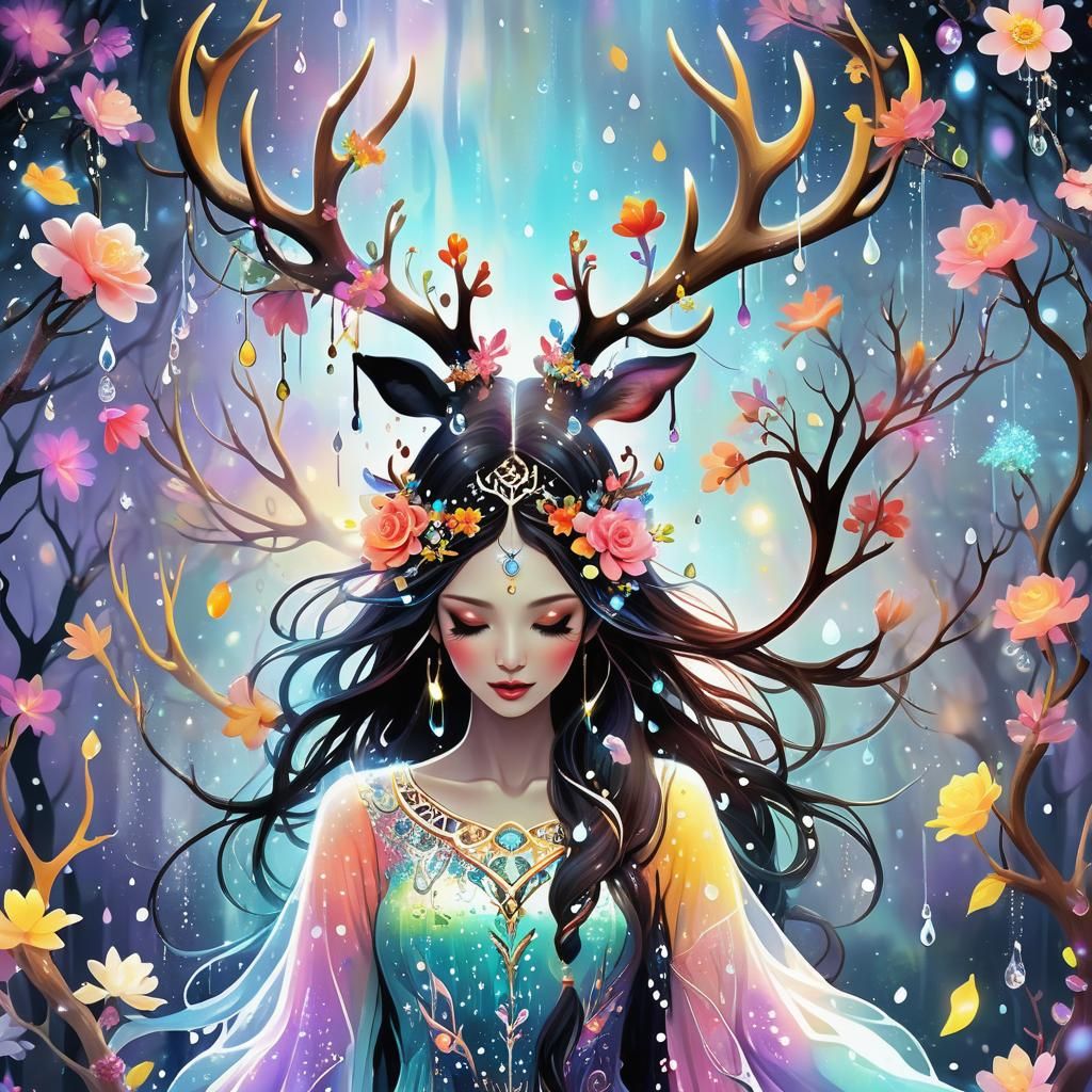 Antlered Woman in a Mystical Flower World