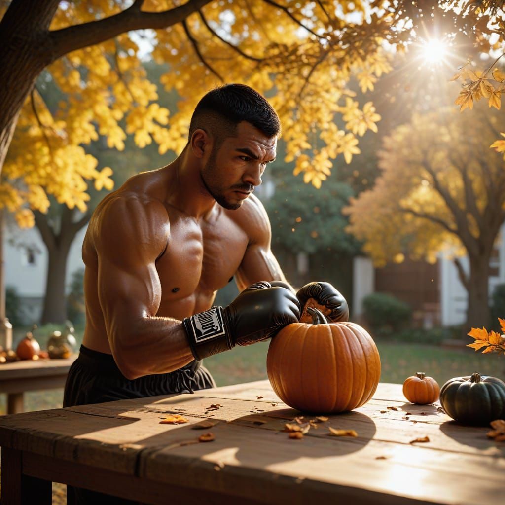 Boxer Carves Pumpkin Under Autumn Tree