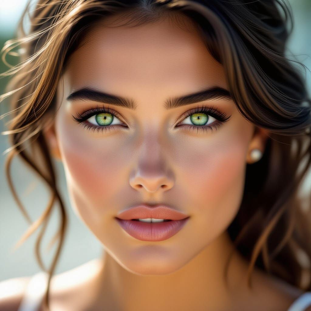 Hyperrealistic Close-Up of a Woman with Green Eyes