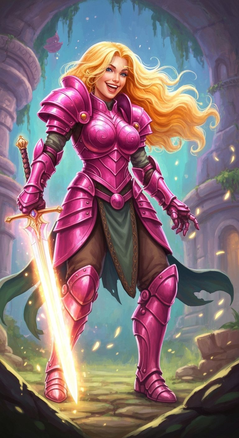 Happy Female Warrior in Fantasy Pink Armor