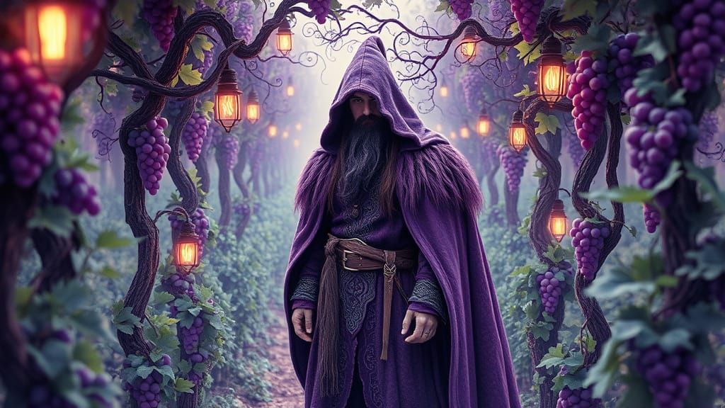 Violet Warrior Wizard Amidst Whimsical Vineyard Duotone Drea...
