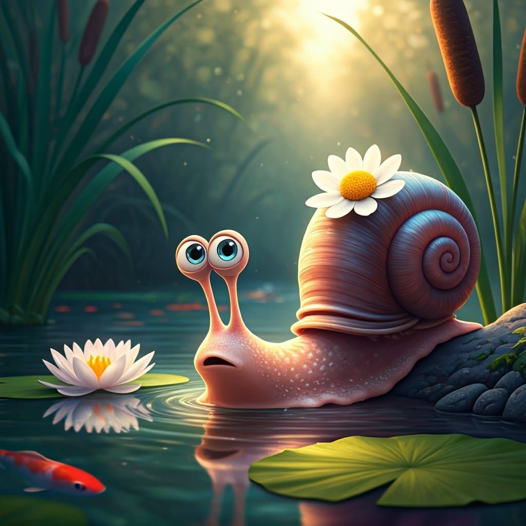 Cartoon Snail Gazing at Reflection in Disney/Pixar Style
