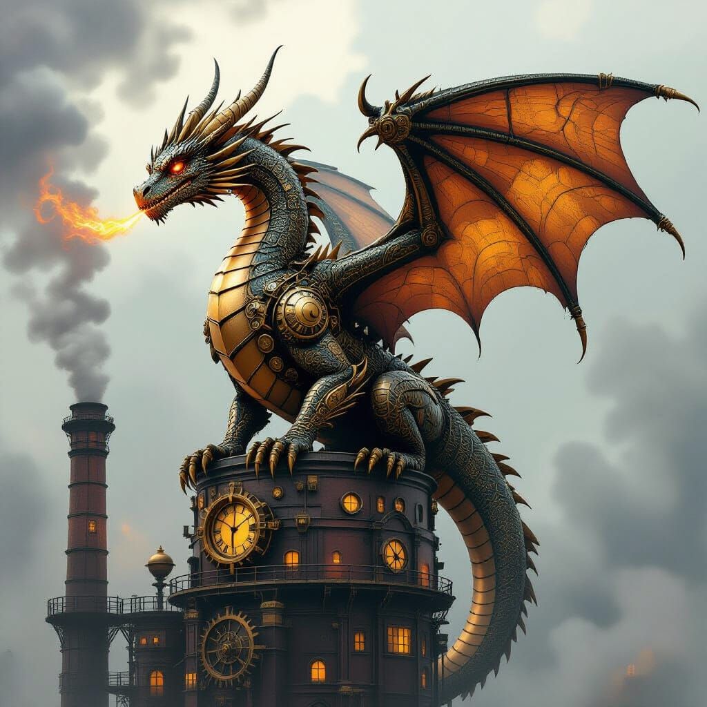 Steampunk Dragon on Factory in Dramatic Light
