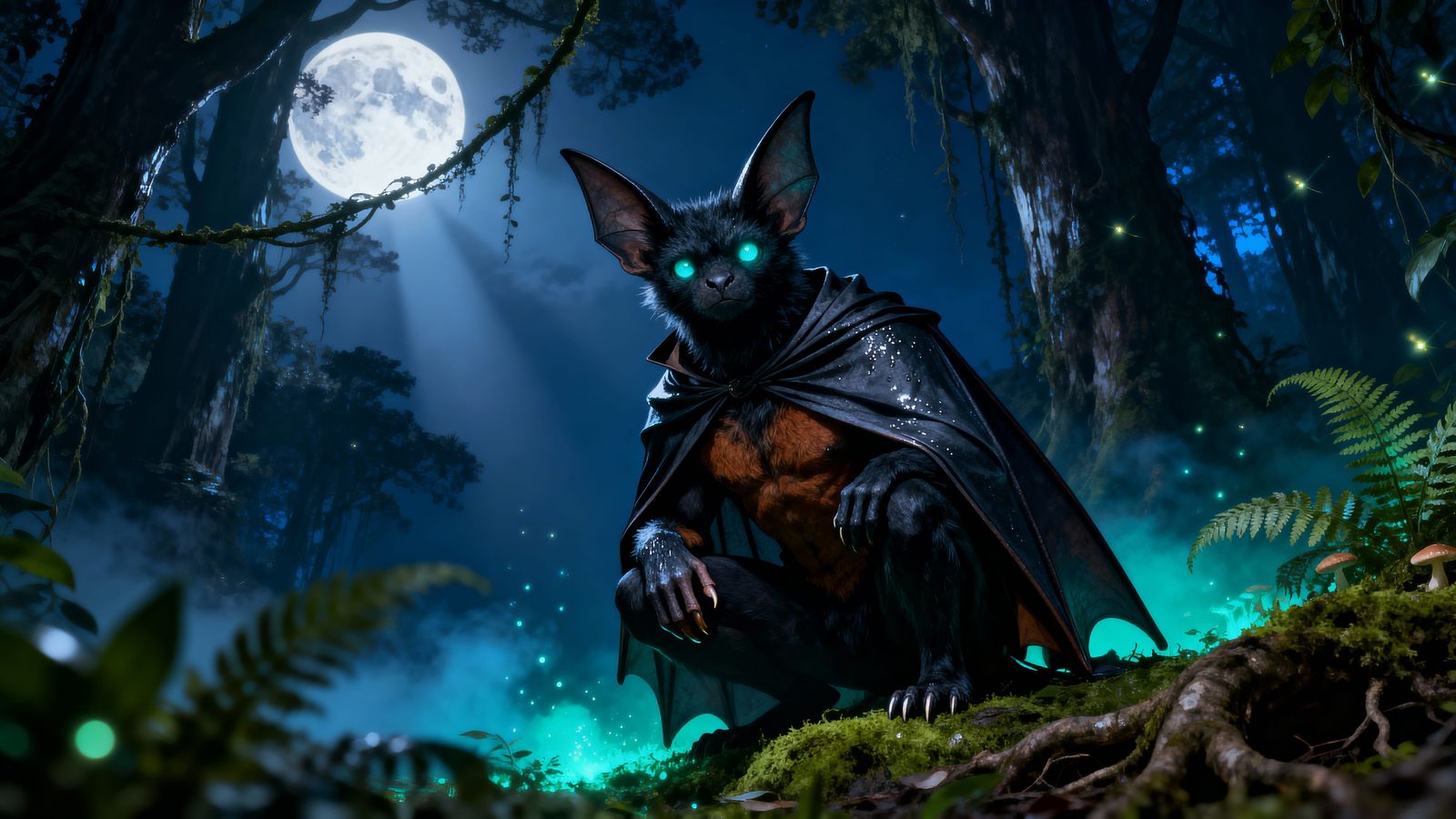 Anthropomorphic Bat Guardian in Moonlit Forest