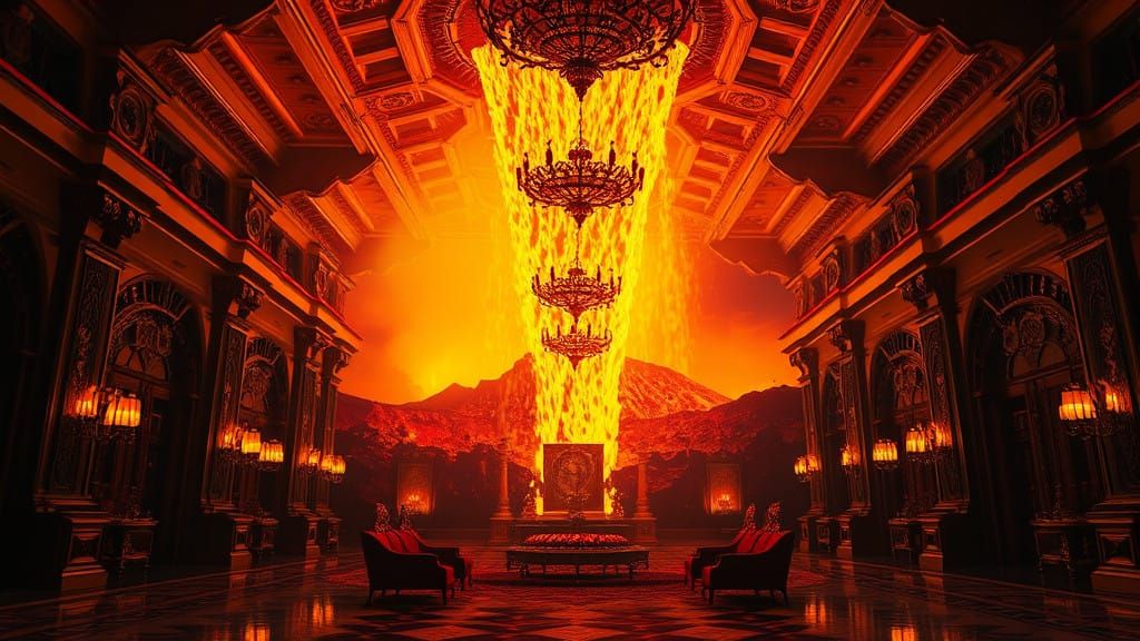 Cinematic Baroque Volcano Eruption in Lavish Hall