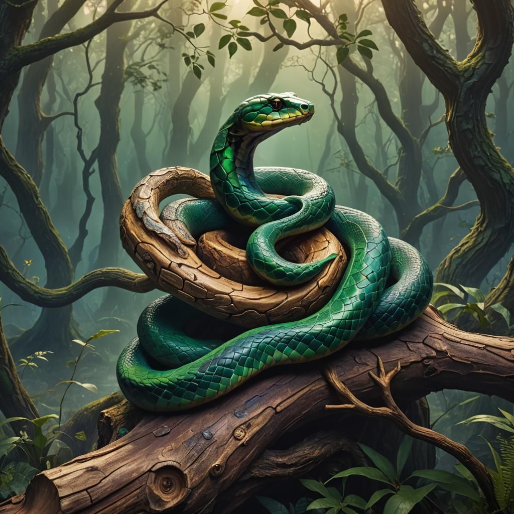 Wooden Snake Sculpture in Misty Forest
