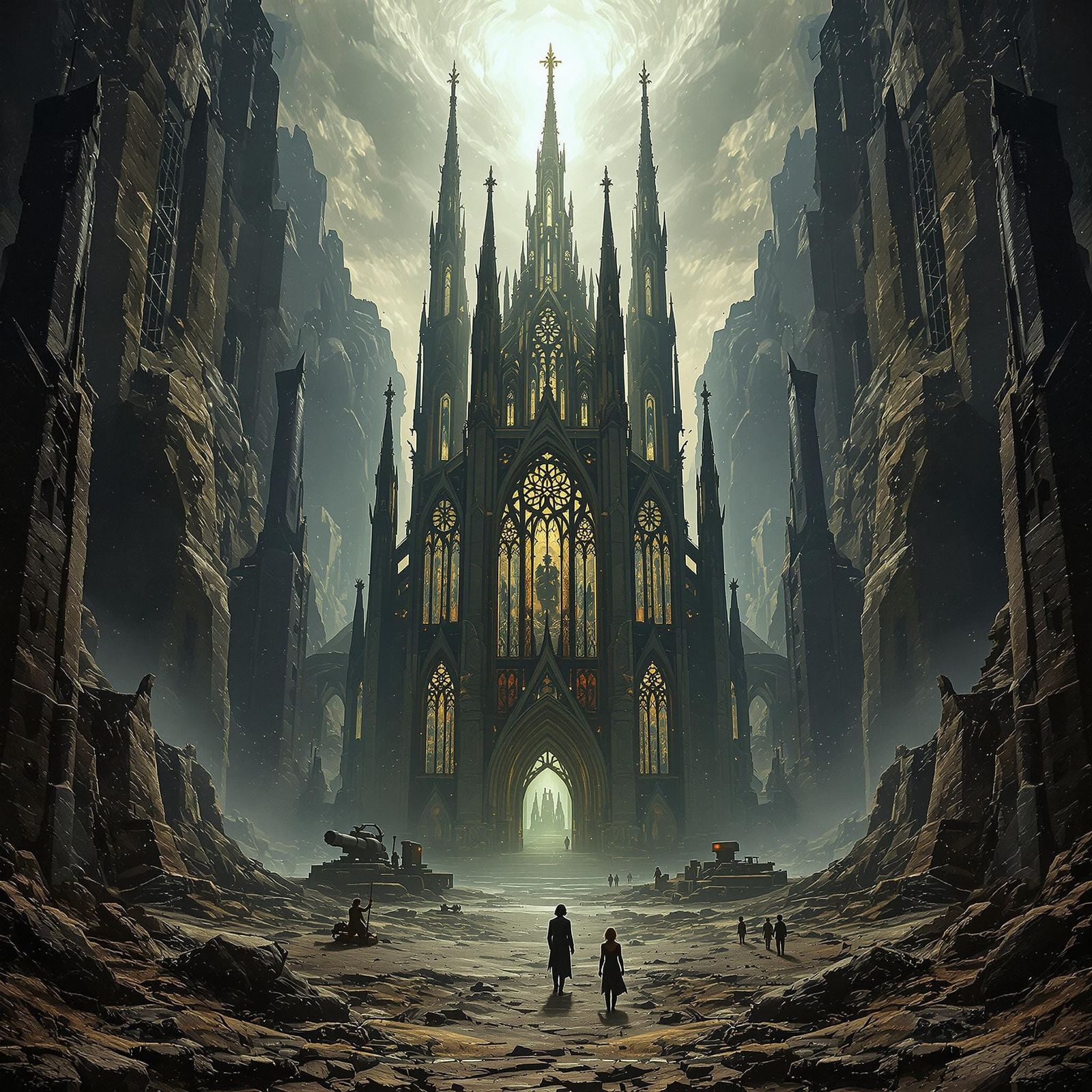 Gothic Cathedral in Steampunk Landscape, Fantasy Horror Styl...
