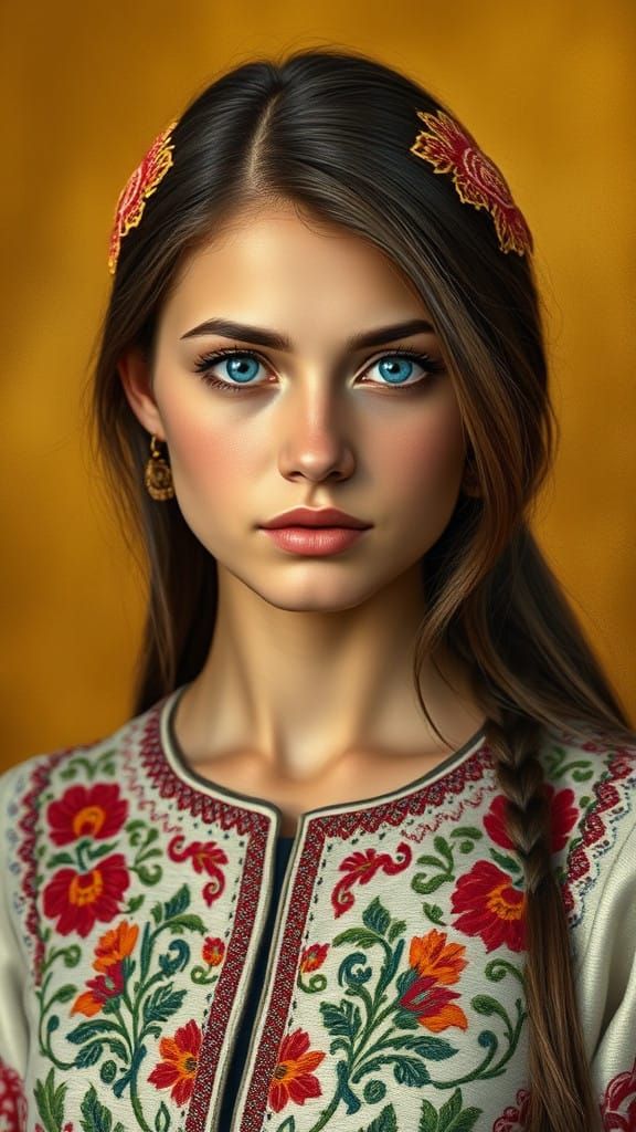 Portrait of a Ukrainian Woman in Traditional Folk Art Style