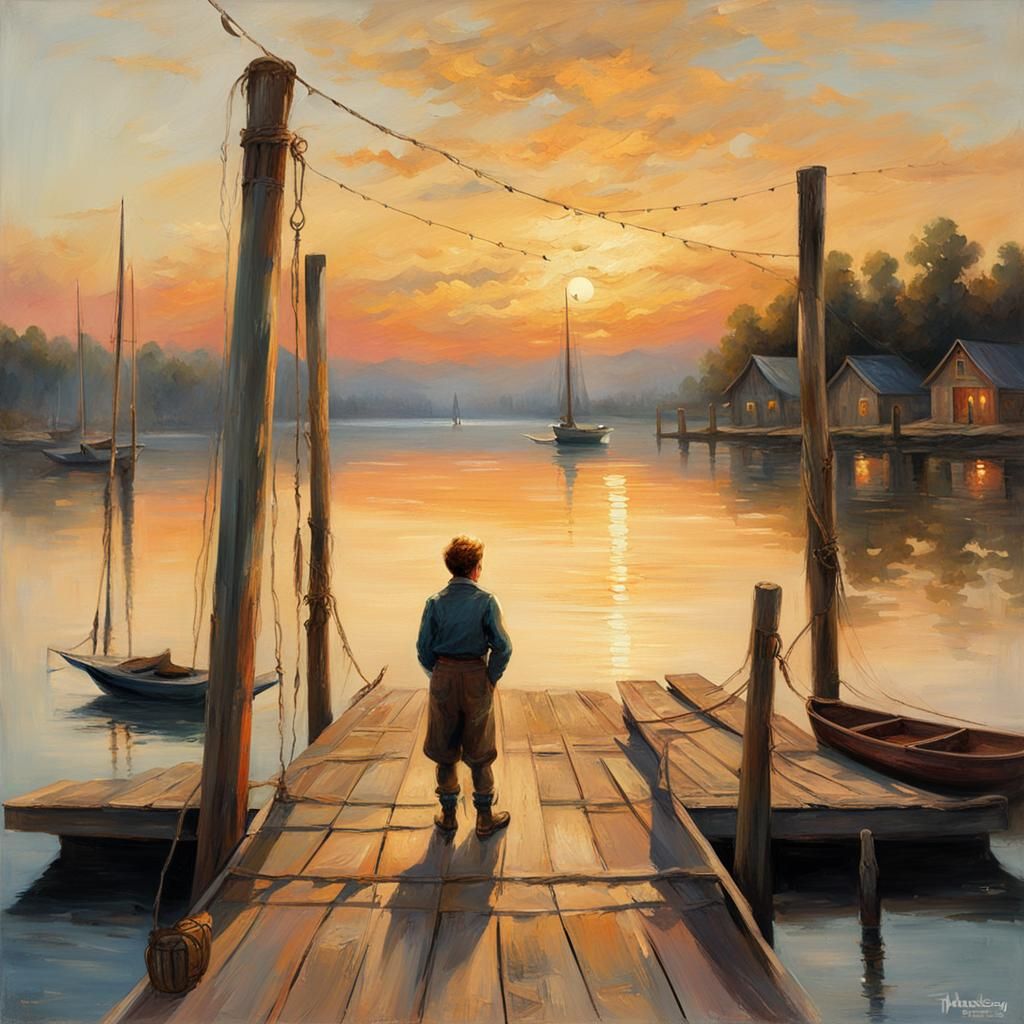 Boy Watches Sailboat Disappear on Lake at Sunset