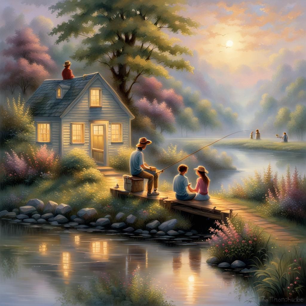 Ethereal Fantasy: Teens Fishing in Hyperdetailed Countryside