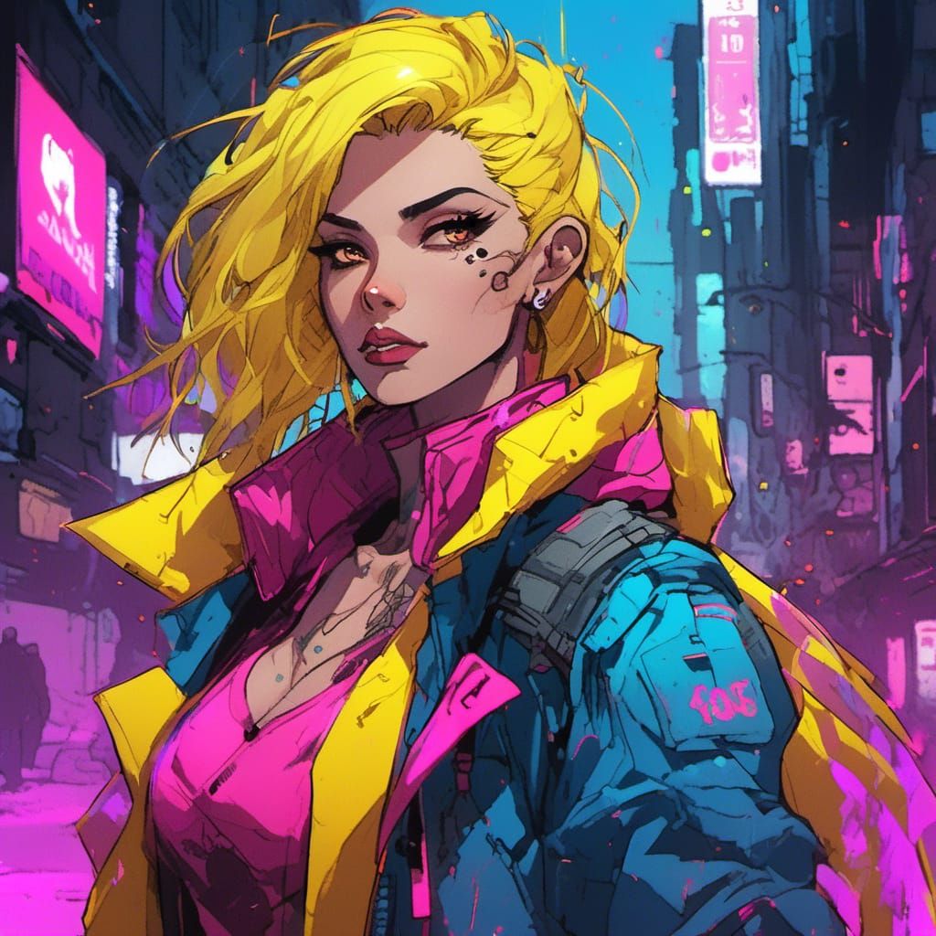 Stylized Portrait in Cyberpunk City with Yellow Moon