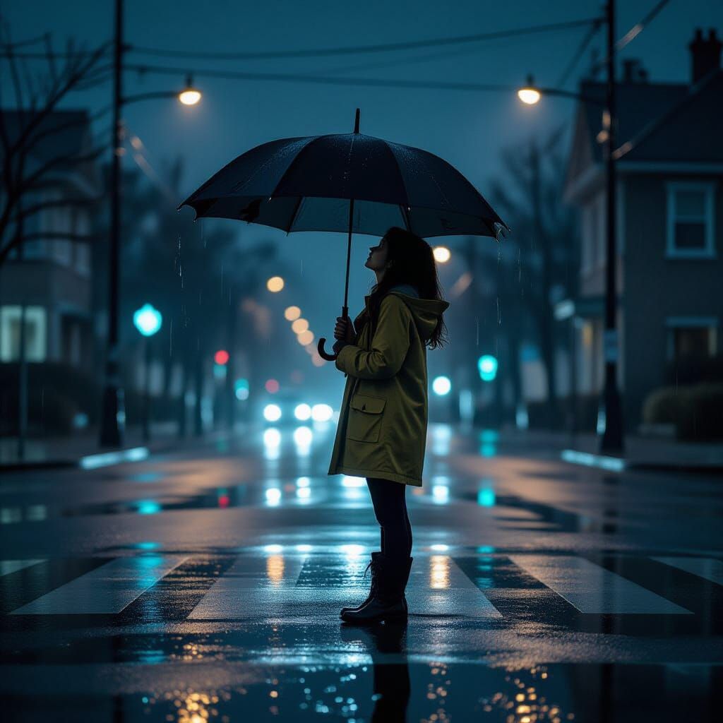 Rainy Night Crossroads: Cinematic Girl with Umbrella