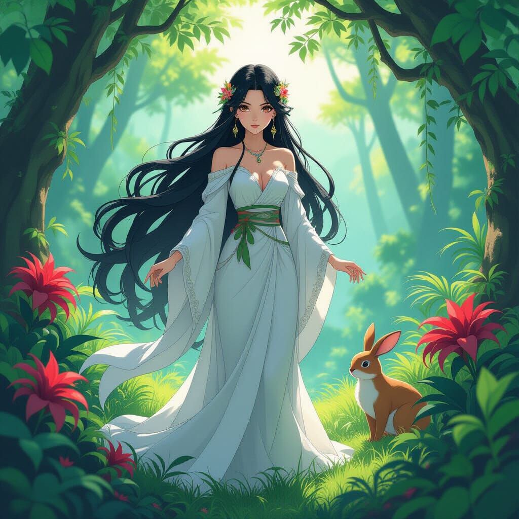Anime Nature Goddess in Lush Forest, Art Nouveau Style