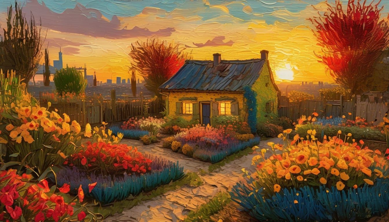 Van Gogh Style Garden Painting at Sunset