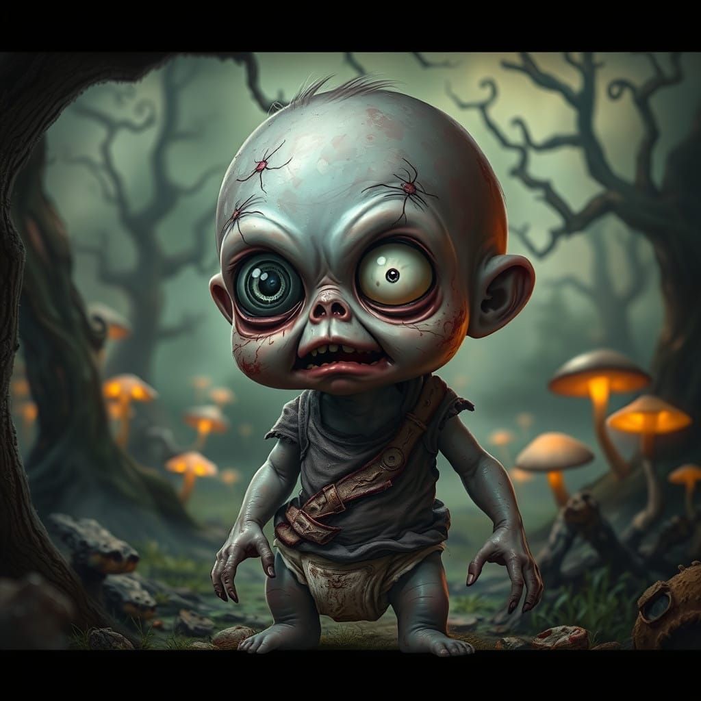 Charming Rotting Baby Zombie in Whimsical Graveyard Setting