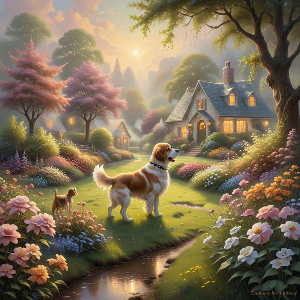 "Zwei Hunde, idyllisches Landhaus und farbenfrohe Natur vereinen sich zu einem magischen Sonnenuntergangstraum"