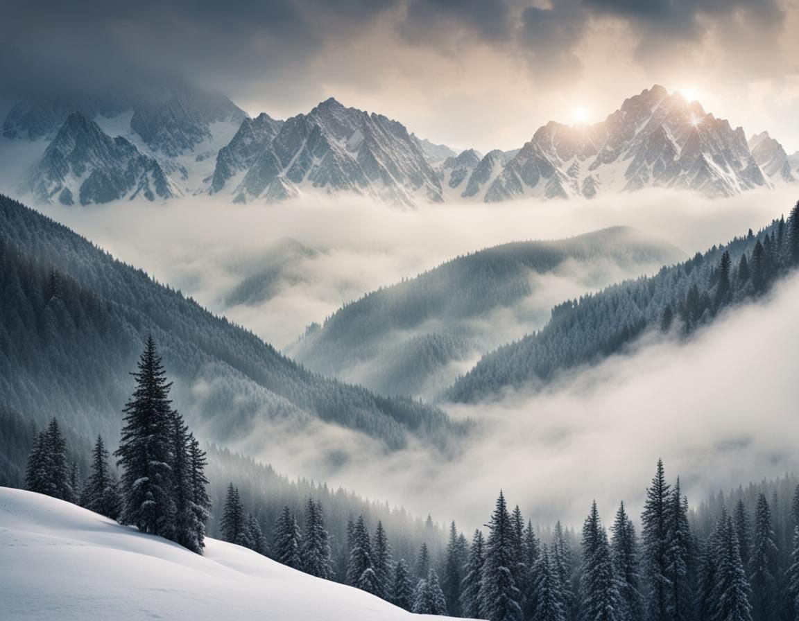 Snowy Mountain Landscape in Mist