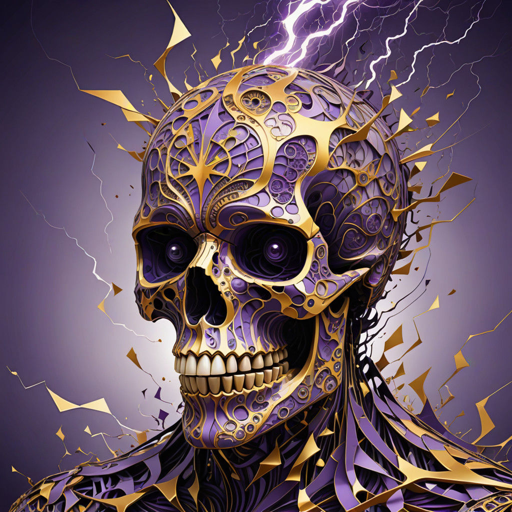 Abstract Cubist Skull Masterpiece in Vibrant Gold and Purple