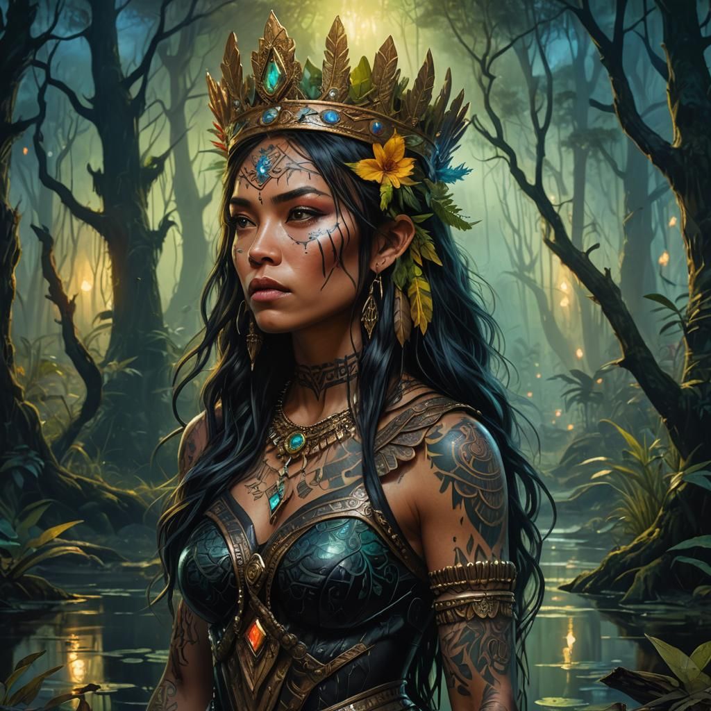 Native Warrior Princess in Magical Swamp, Hyper-Realistic Oi...