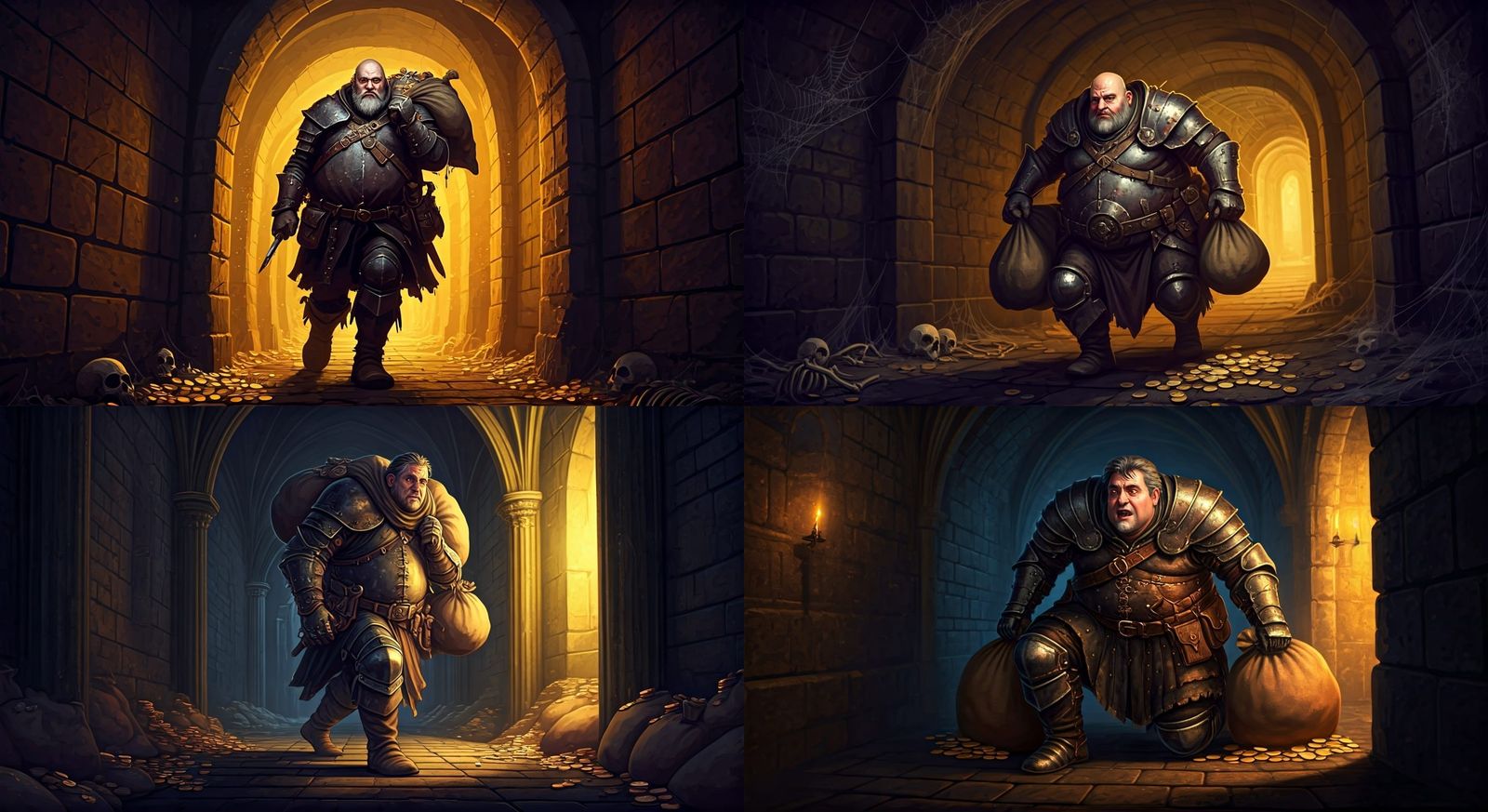 Comical Overweight Rogue in Dungeon Corridor Illustration
