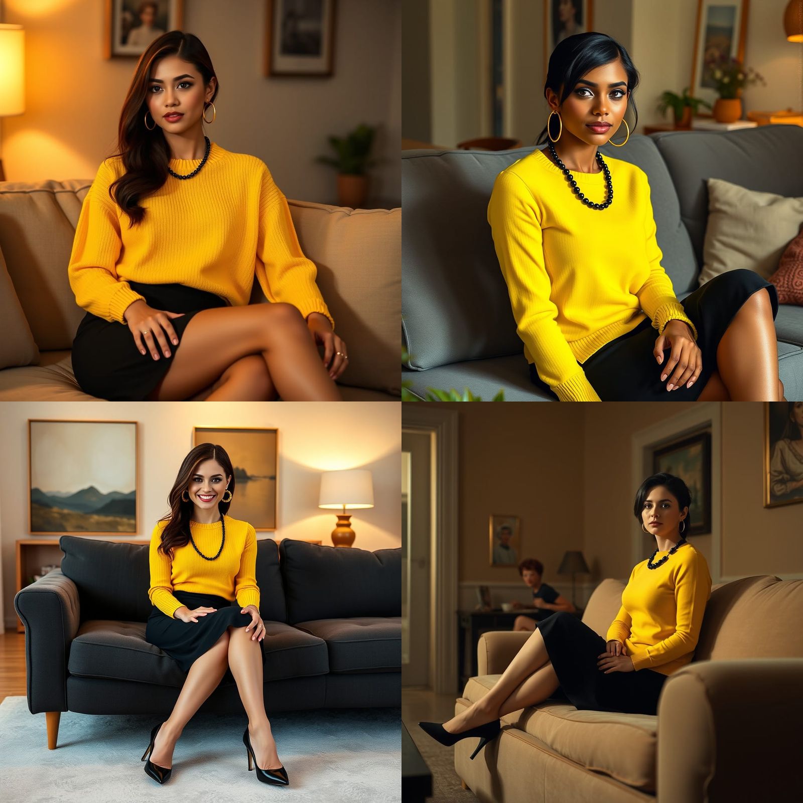 Brunette in Yellow Sweater Sitting on Couch