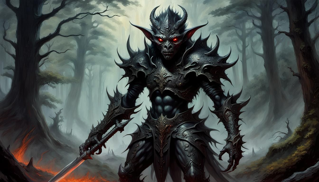 Sinister Demon-Kobold Warrior in Ethereal Forest