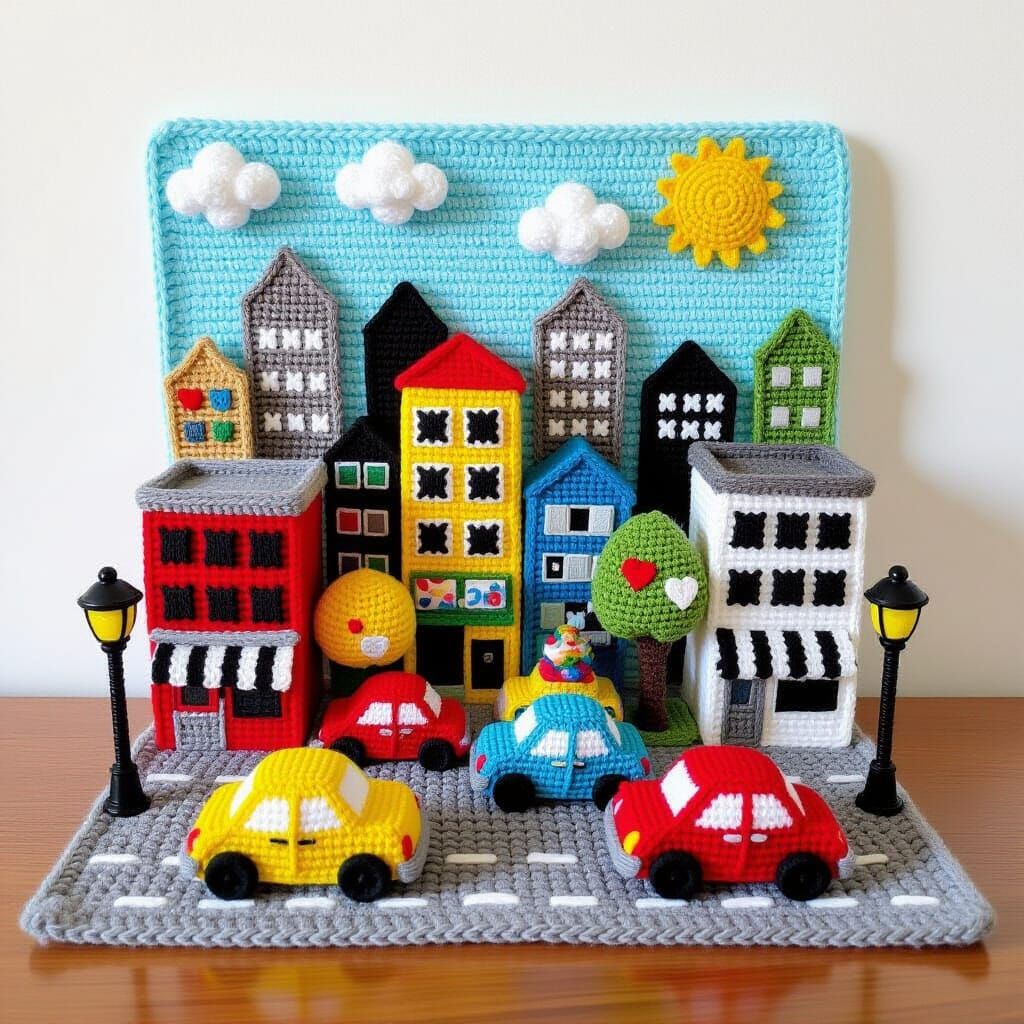 Crochet Yarn City Diorama Scene