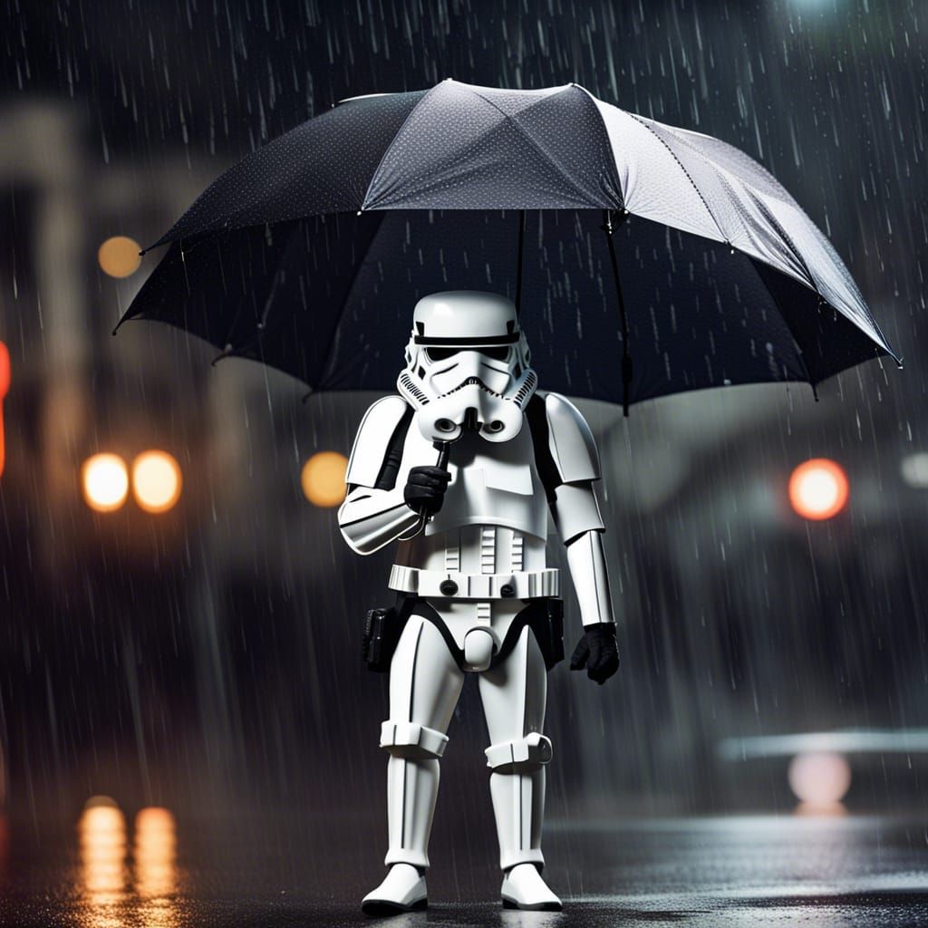 Stormtrooper with Umbrella in Rainy Scene