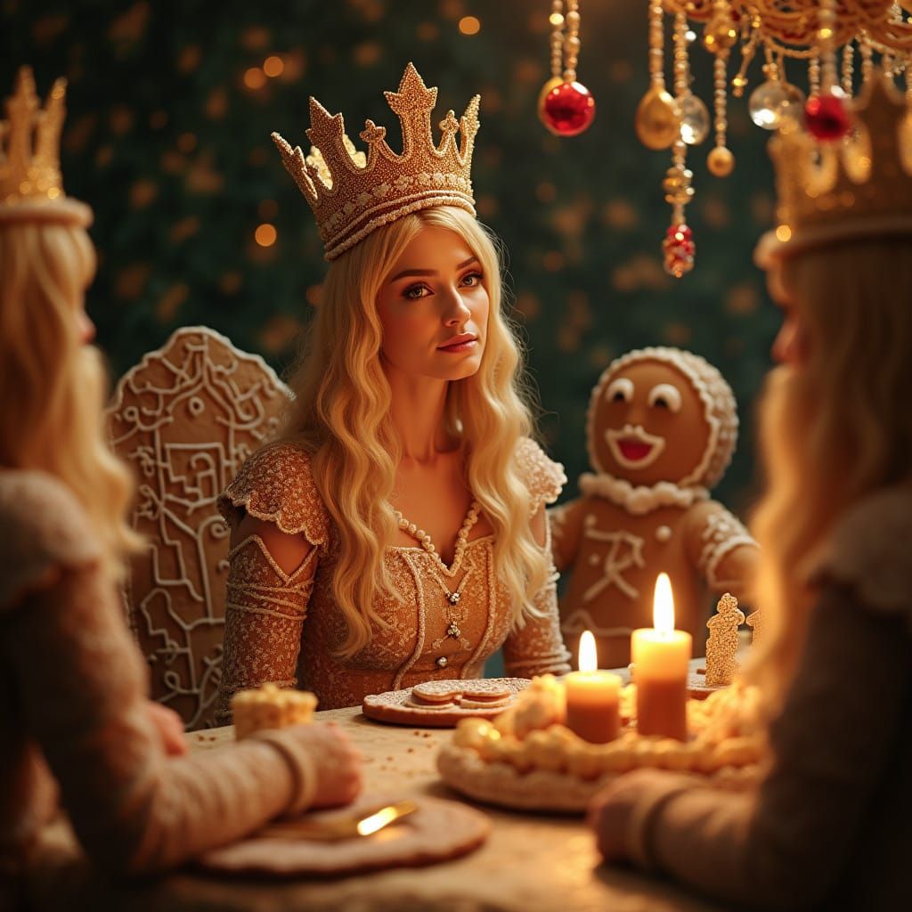 Golden Goddess of Gingerbread in Festive Christmas Scene