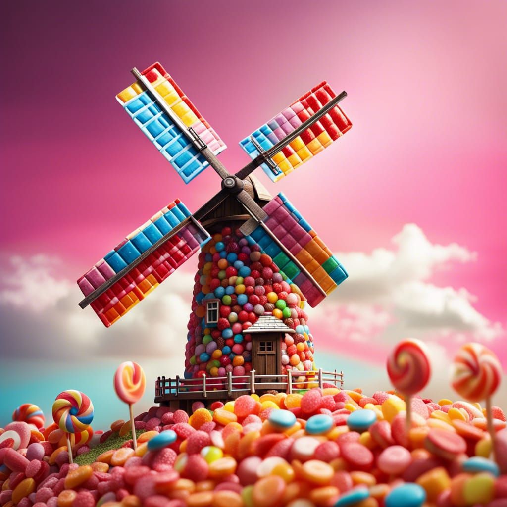 Hyperrealistic Candy Windmill in Countryside, Splash Art
