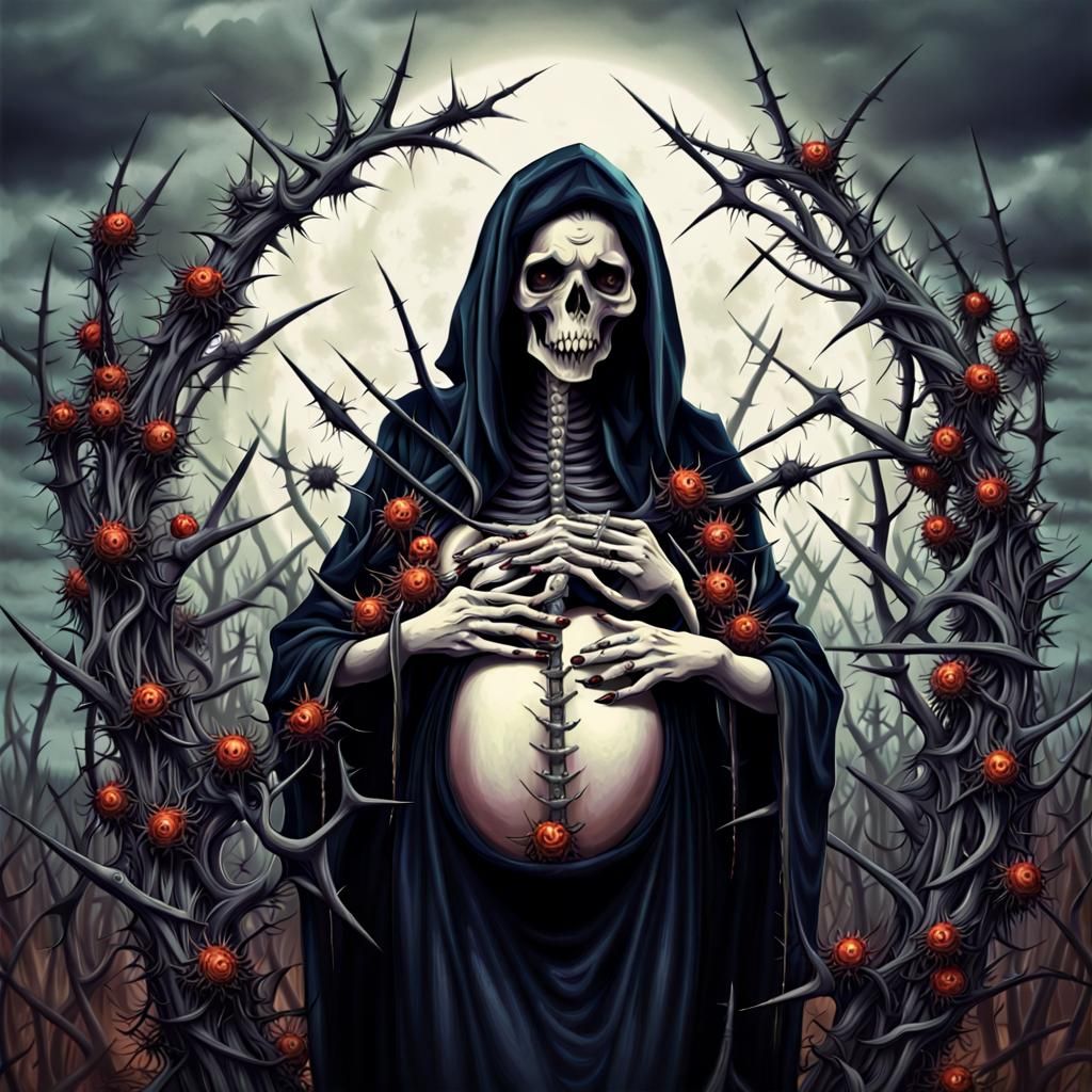 Dreaded Pregnant Grim Reaper Surrounded by Thorns