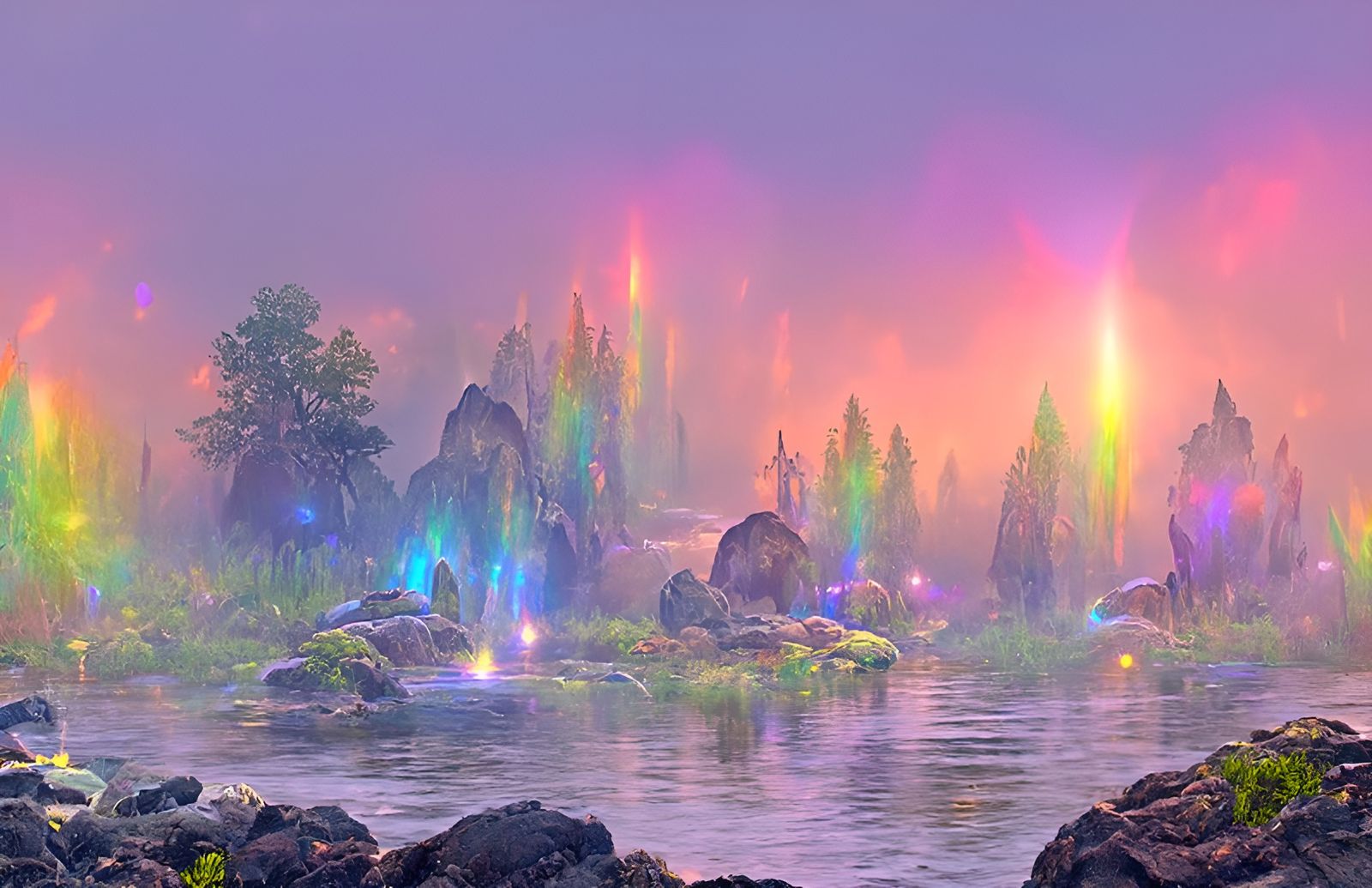 Iridescent Otherworld Waterscape in Art Nouveau Style