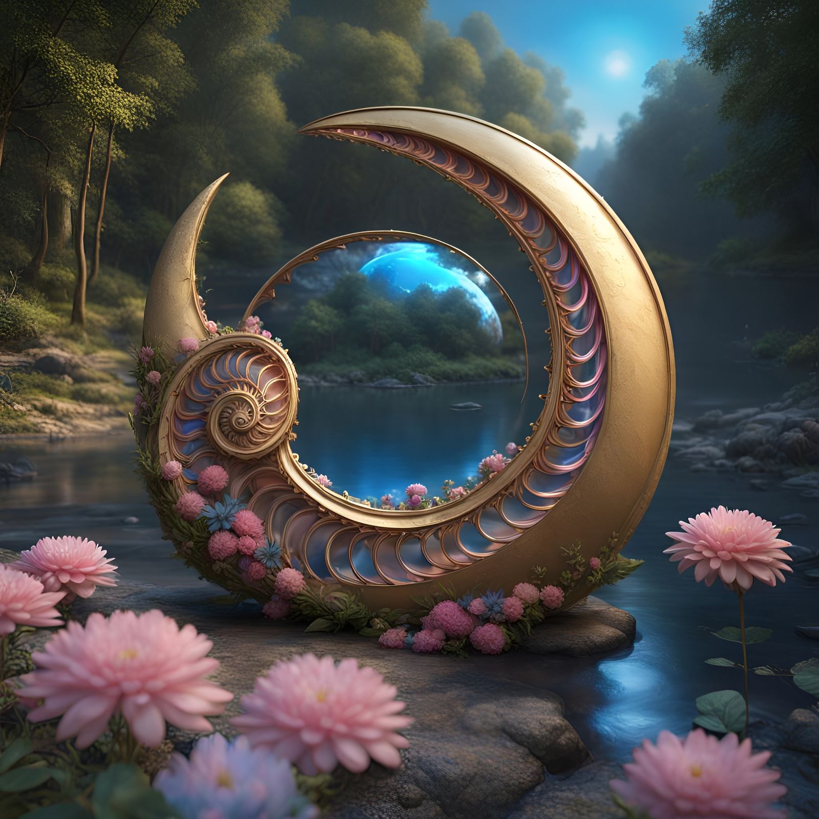 Fantastical Nautilus Shell in Forest Landscape