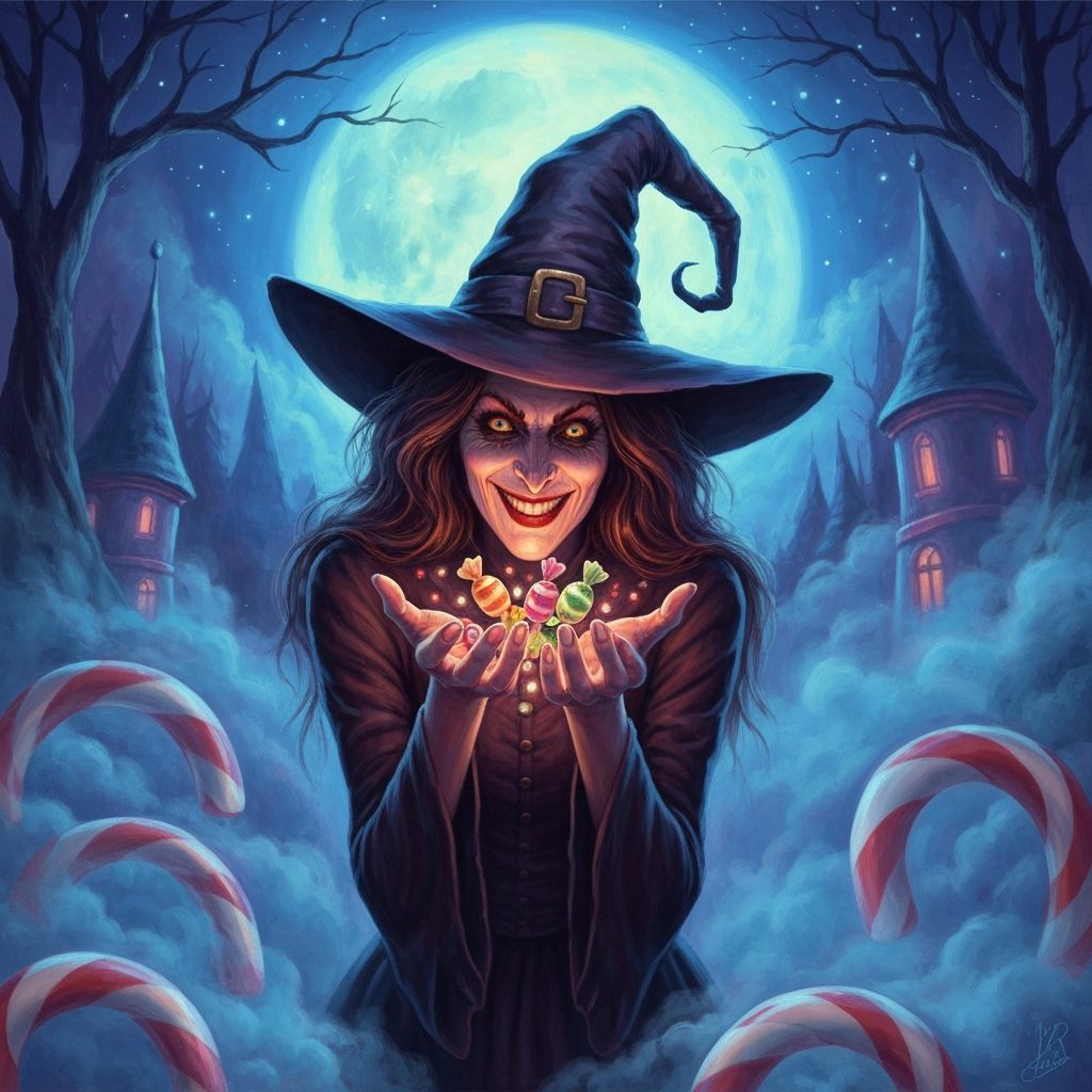 Witch with Glowing Candies in Candyland Wonderland