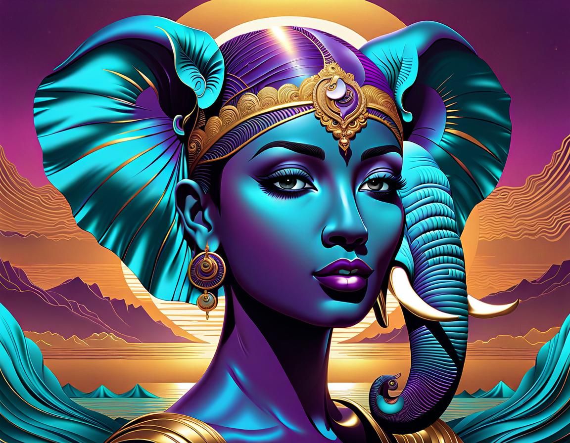 Woman and Elephant in Metallic Art Brut Style