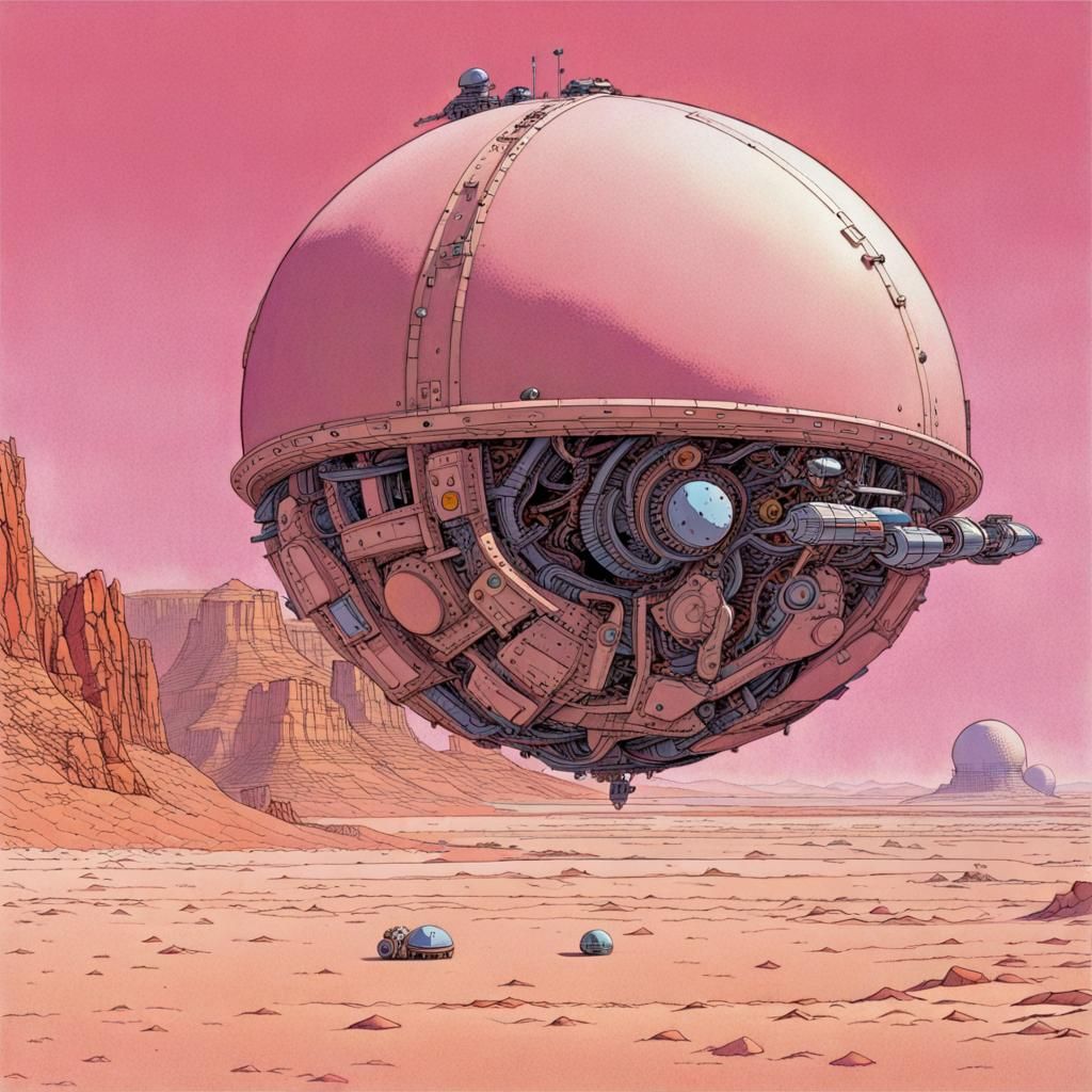 Mechanical Sphere Over Pink Desert: 1970s Sci-Fi Art