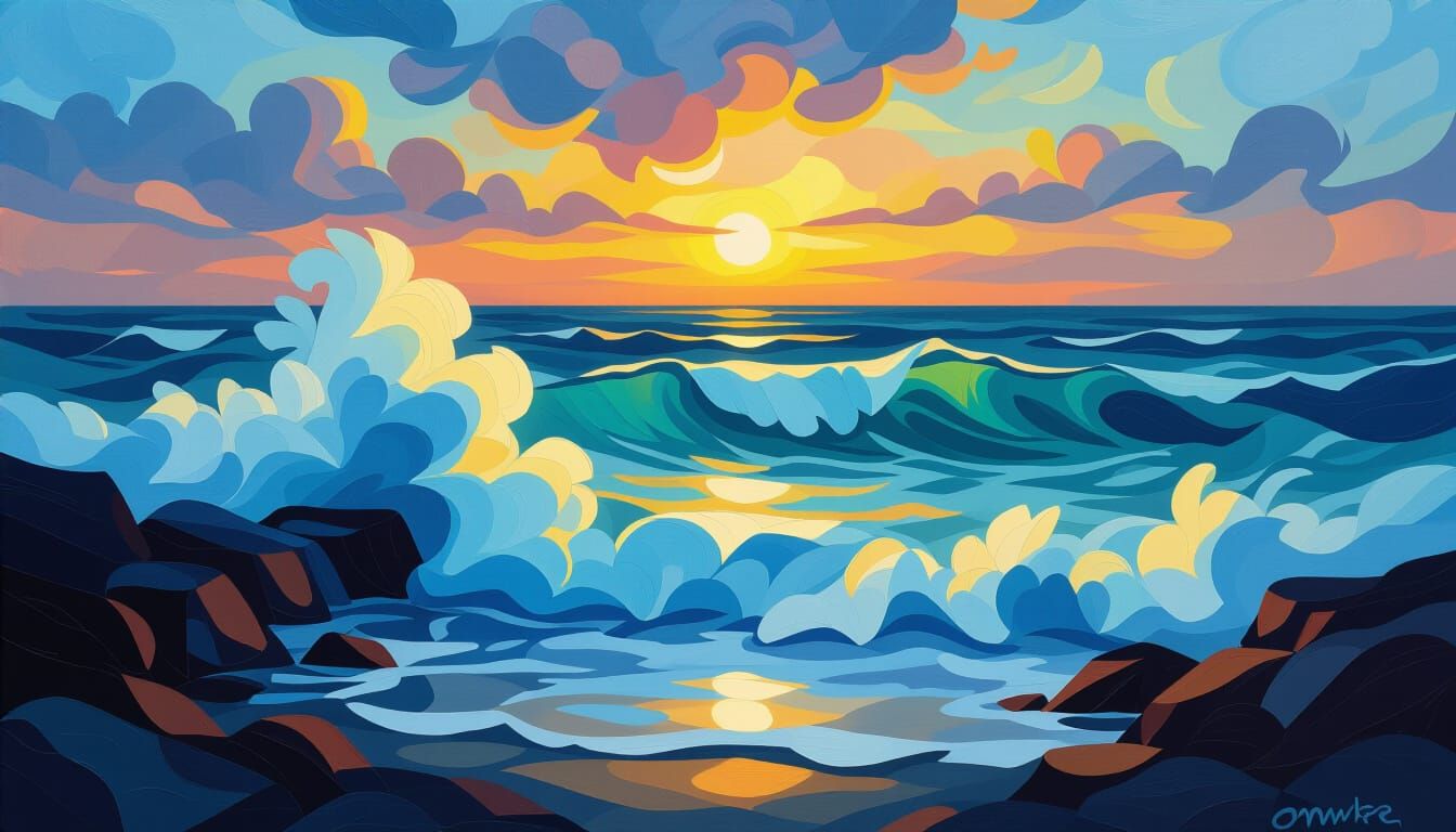 Impasto Oil Painting of Stormy Ocean at Dusk